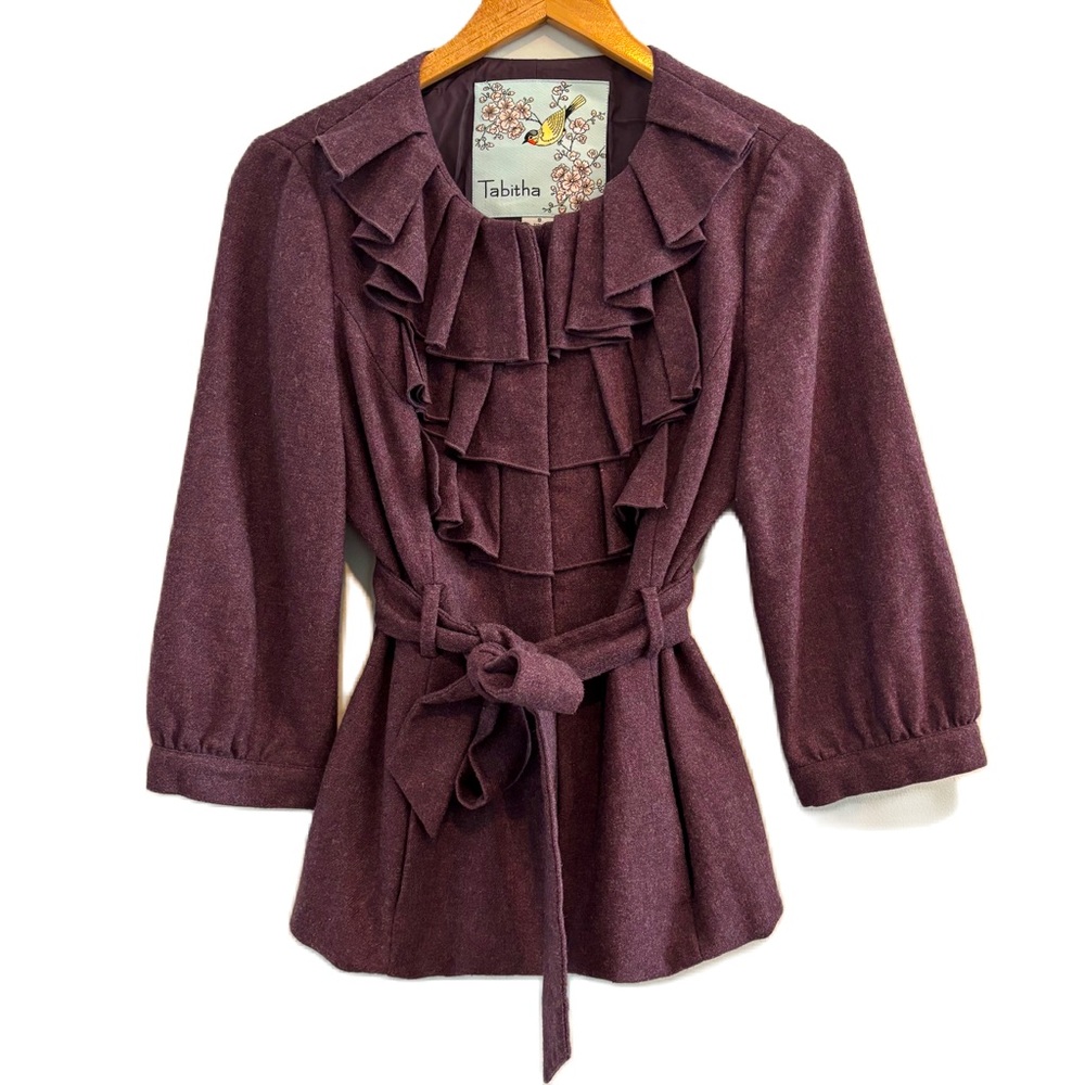 Anthropologie Tabitha Purple Wool Blend Pleated Ruffle Jacket Size 8
